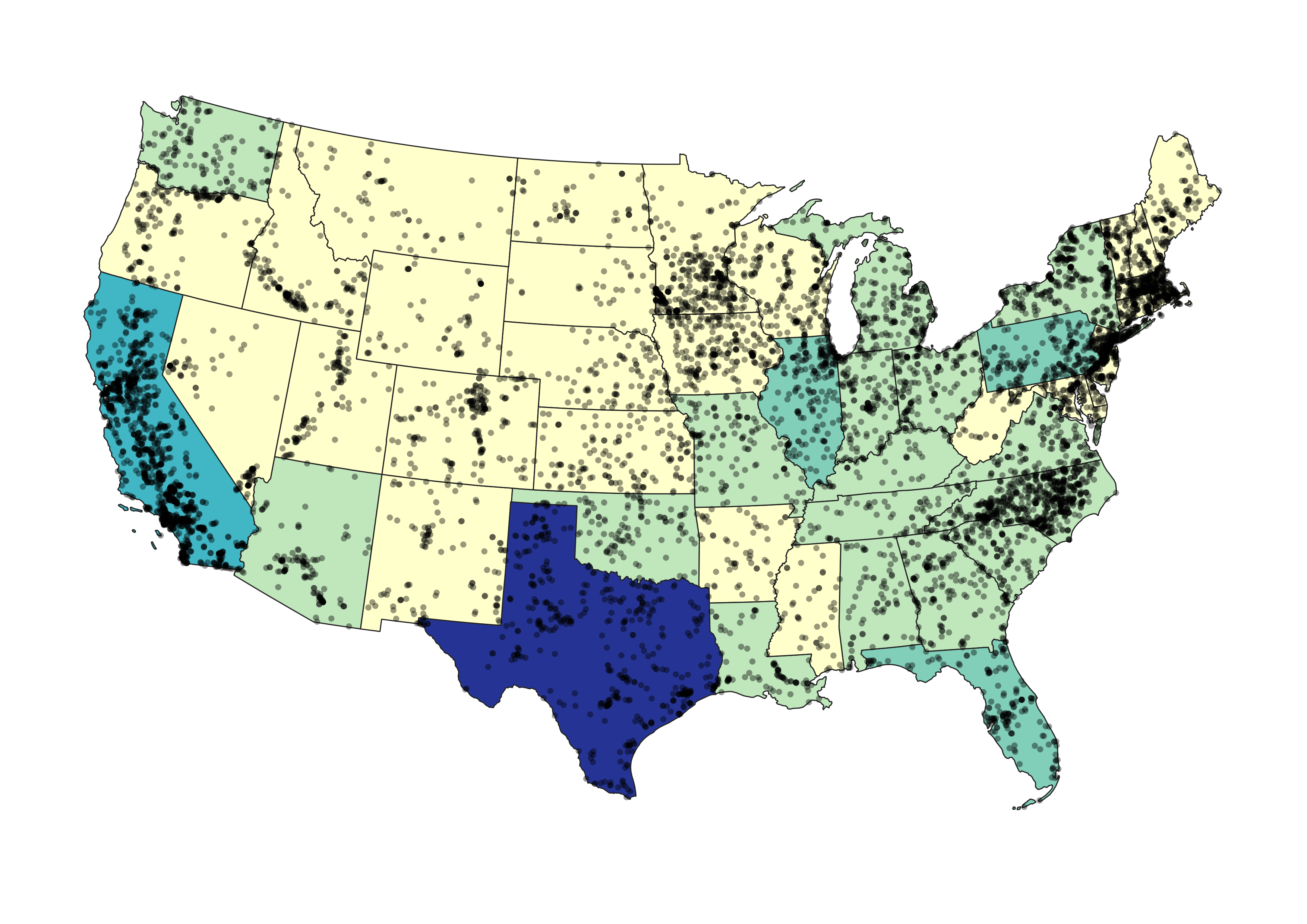 Choropleth map showing total power output per state with individual power plants shown as dots on top